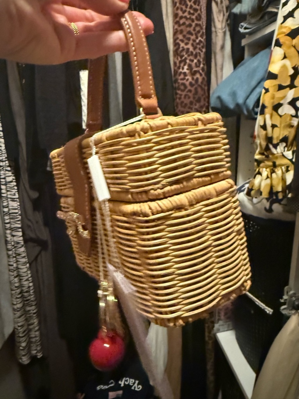 Self-Portrait Tan Rattan Top-Handle Bag with Red Cherry Charm - Picture 8 of 10
